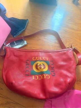 Gucci Red Leather Crossbody Bag with Green and Gold Logo